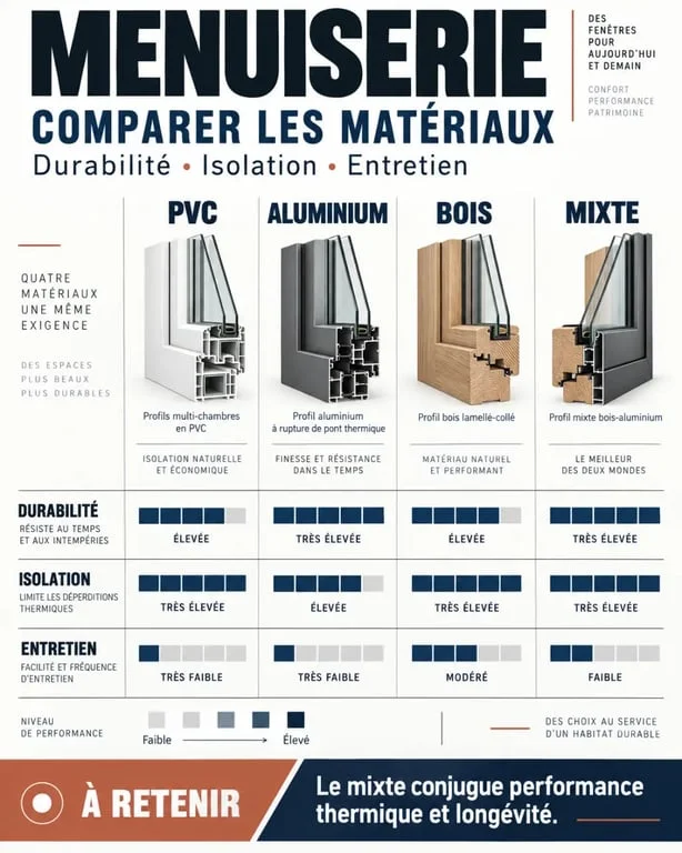 Comparatif des matériaux de menuiserie pour le climat de Perpignan : PVC, Aluminium, Bois et Mixte