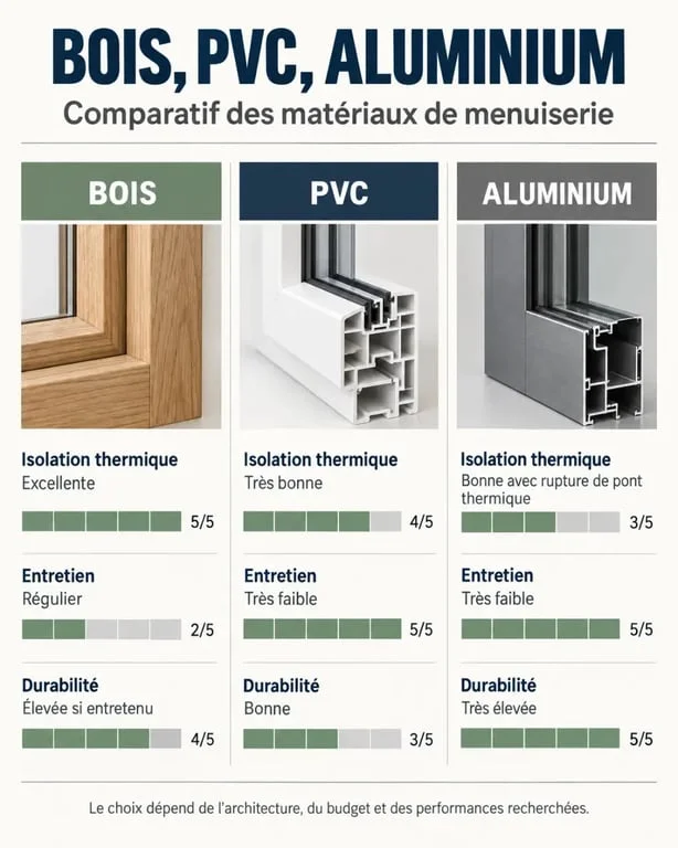 Comparatif des matériaux de menuiserie bois, PVC et aluminium pour vos travaux à Saintes
