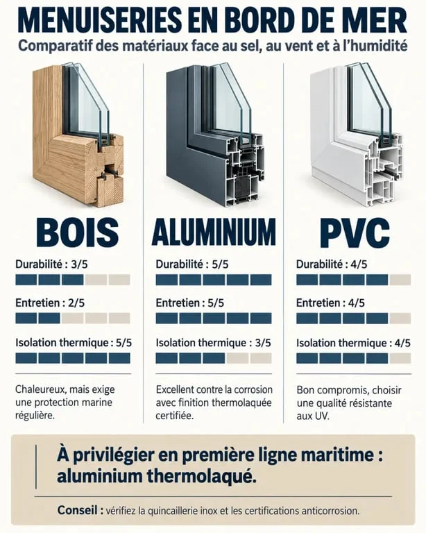 Comparatif des matériaux de menuiserie bois, alu et PVC pour un projet à Jard-sur-Mer