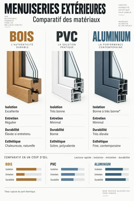 Comparatif des matériaux de menuiserie bois PVC aluminium pour vos travaux à Fécamp