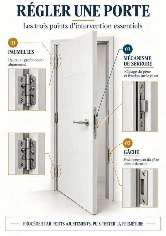Schéma technique des points de réglage pour la réparation d'une porte par un menuisier