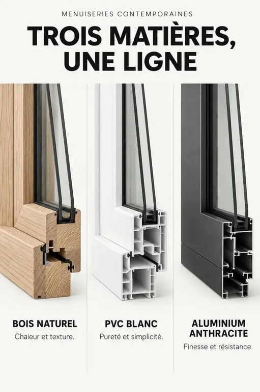 Comparatif visuel des matériaux de menuiserie pour un menuisier à Agen : bois, PVC et aluminium