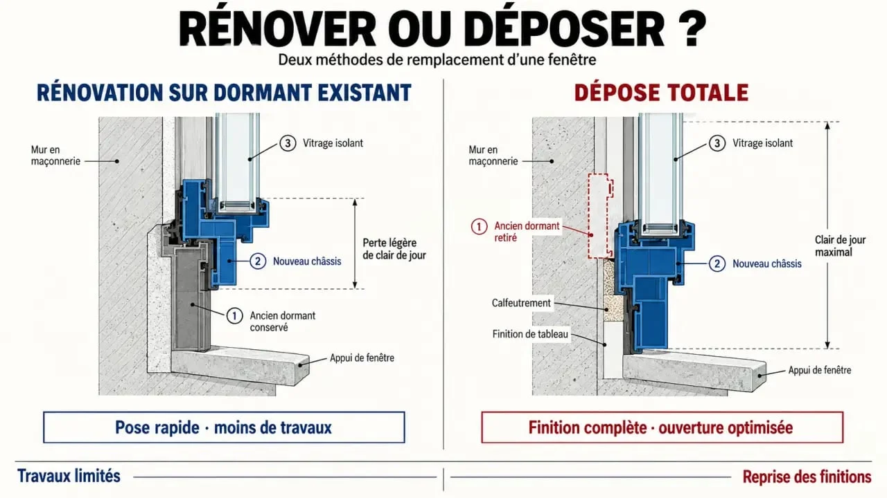 Schéma comparatif entre rénovation sur dormant et dépose totale pour menuisier 34