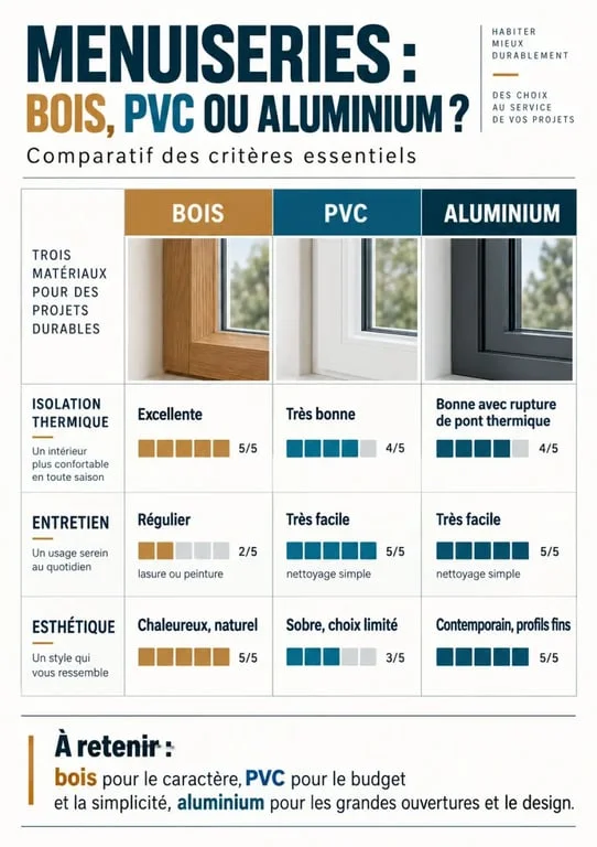 Comparatif des matériaux de menuiserie bois, PVC et aluminium pour un projet à Limoges