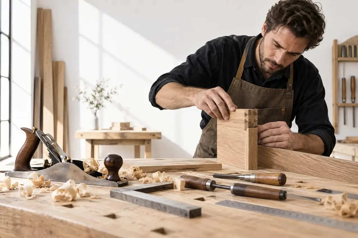 Menuisier à Grenoble travaillant sur un projet de menuiserie sur mesure.