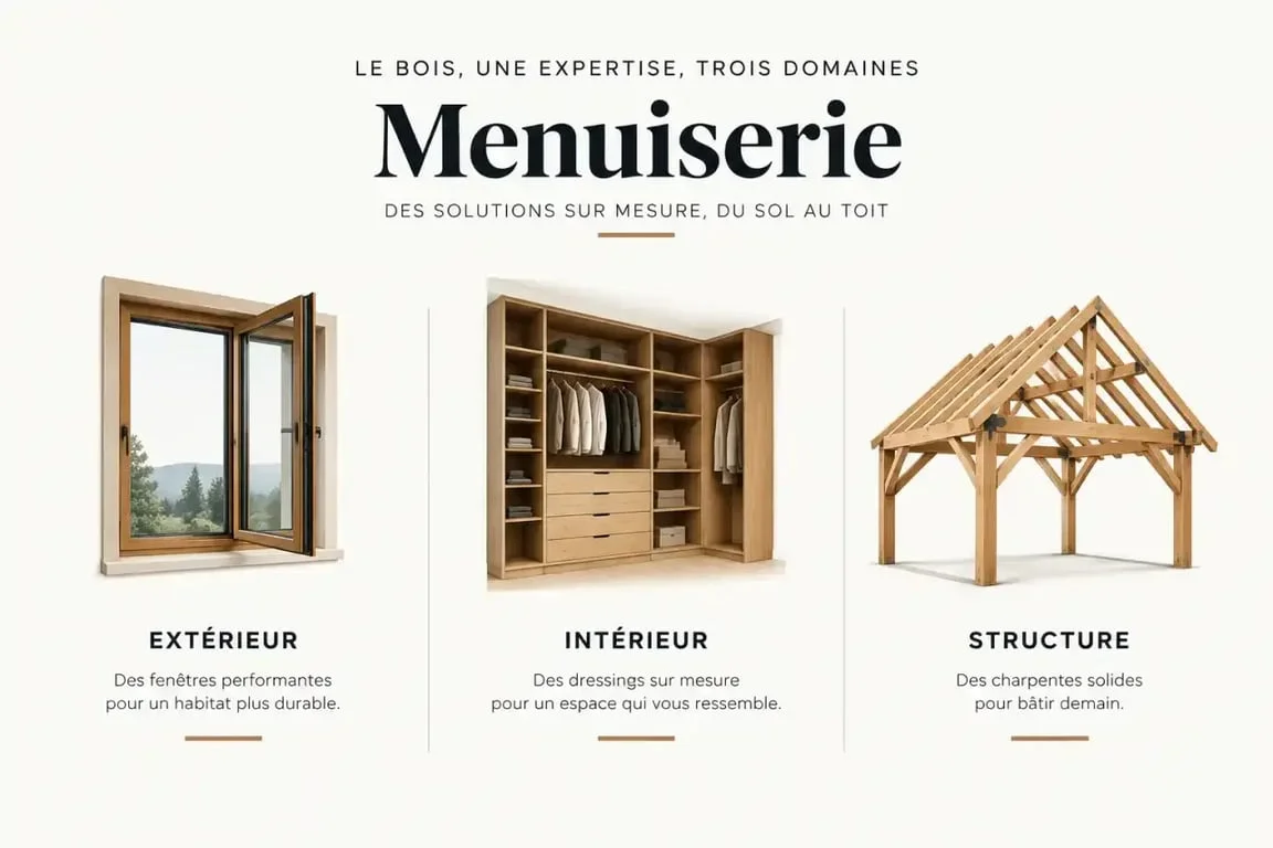 Les trois domaines d'intervention d'un menuisier à Beauvais : menuiserie extérieure, aménagement intérieur et structure bois.