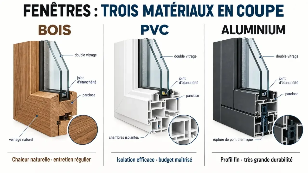 Comparatif des matériaux de menuiserie bois, PVC et aluminium pour un menuisier à Clermont-Ferrand
