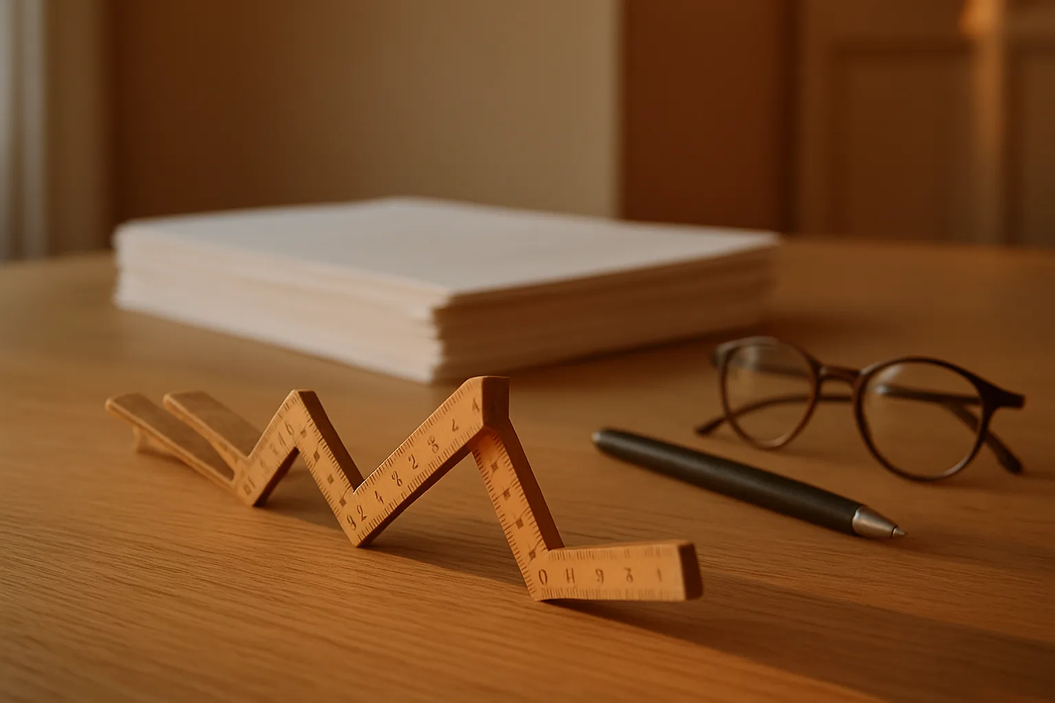 Mètre pliant de menuisier, stylo et lunettes posés devant une pile de devis