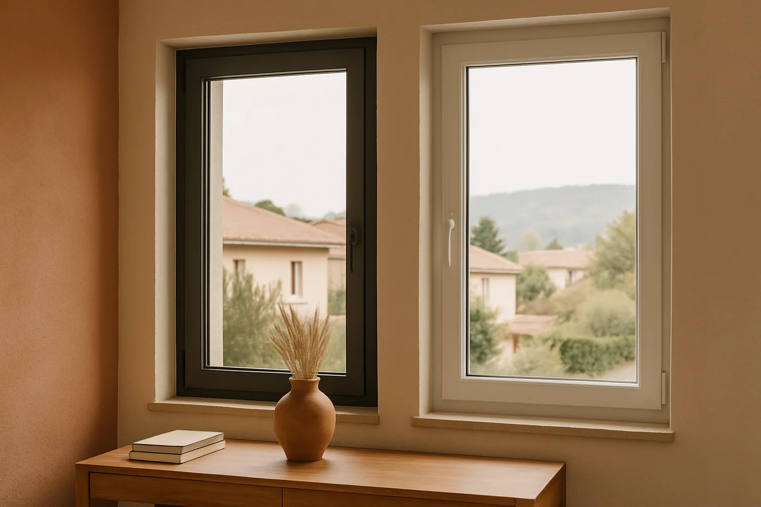 Comparaison entre une fenêtre aluminium gris anthracite à montants fins et une fenêtre PVC blanche