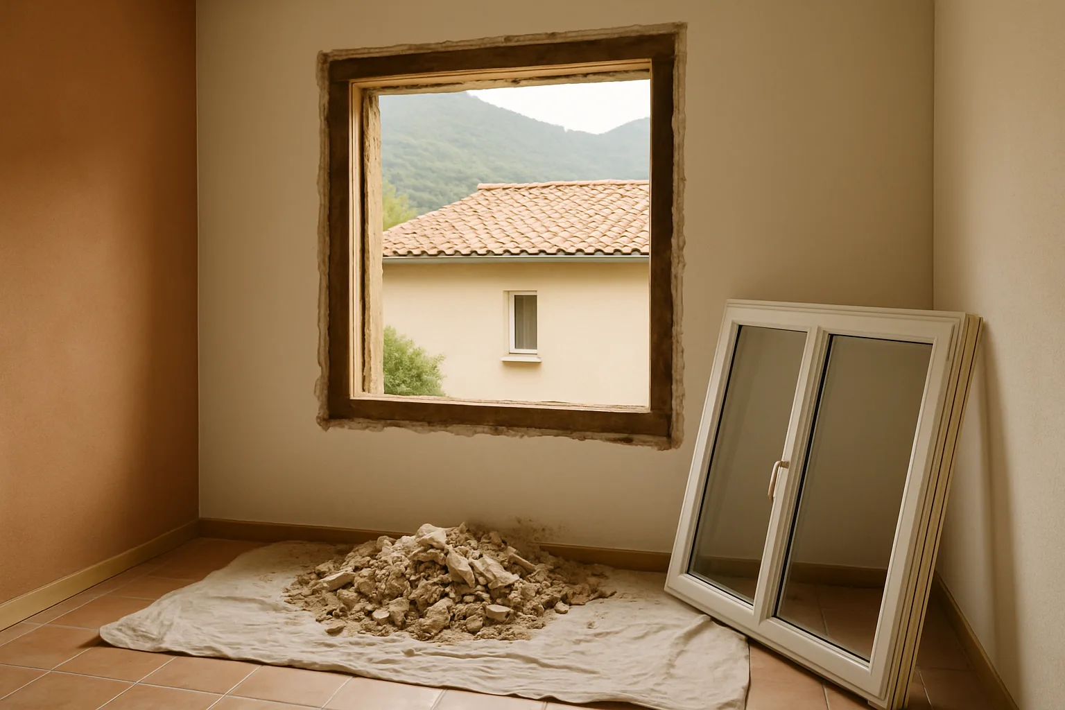 Ancien dormant bois mis à nu dans le tableau, pendant le remplacement d'une fenêtre