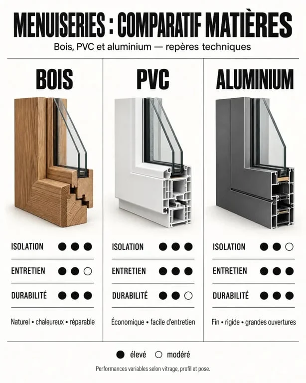 Comparatif des matériaux de menuiserie pour artisan menuisier à Flamanville : bois, PVC et aluminium
