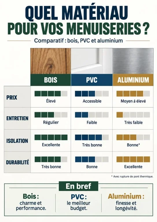 Comparatif des matériaux pour menuisier Angers : bois, PVC et aluminium.