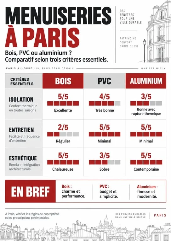 Comparatif des matériaux pour menuisier paris : bois, PVC et aluminium